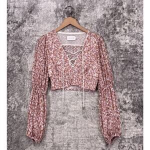 New Significant Others Top 6 Womens Floral Smocked Lace Up Crop Blouse